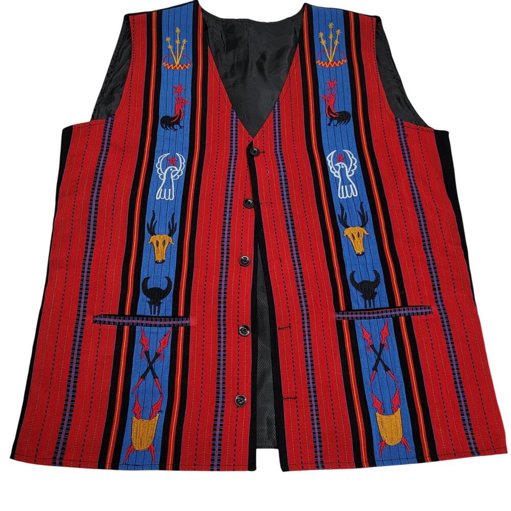 Mens Southwestern Aztec Embroidered Vest Red Skull Tribal Boho Medium Large